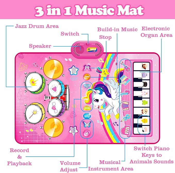 Toys for 1 Year Old Girl Gifts: Baby Musical Mat Toddler Toys Age 1-2 - 3 in 1 Piano Drum Animal Touch Unicorn Toy - Infant Music Toy 12-18 Months Babies Birthday Gifts for 1 2 3 Year Old Boys Girls