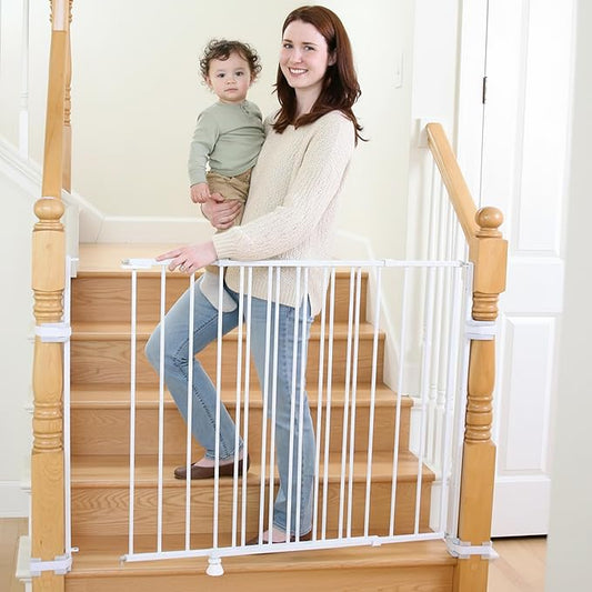 Regalo Safety 35" Extra Tall Baby Gate for Stairs, Hardware Mounted Wide Stair Gate, Fits 34"–55" Openings, Includes Wall & Banister Mounting Kit, White