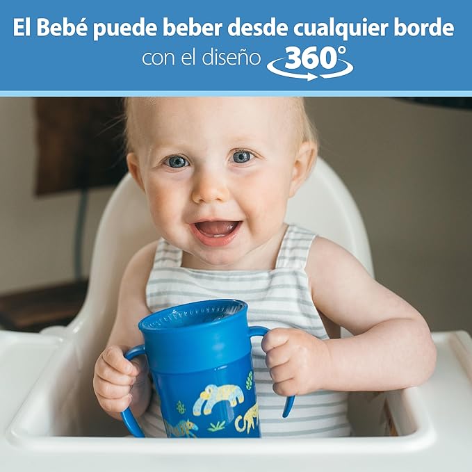 Dr. Brown's Milestones Cheers 360 Spoutless Transition Cup with Handles, Travel Friendly and Leak Free Sippy for Babies and Toddlers, Blue Animal Safari, BPA Free, 7 oz/200 mL, 6m+, Value Pack
