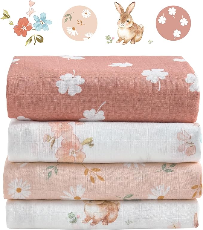 Muslin Swaddle Blankets for Newborn, 4 Pack Large 47"x47" Soft Breathable Bamboo Cotton Baby Blanket, Lightweight Receiving Blanket for Boys and Girls, Spring Bunny Garden