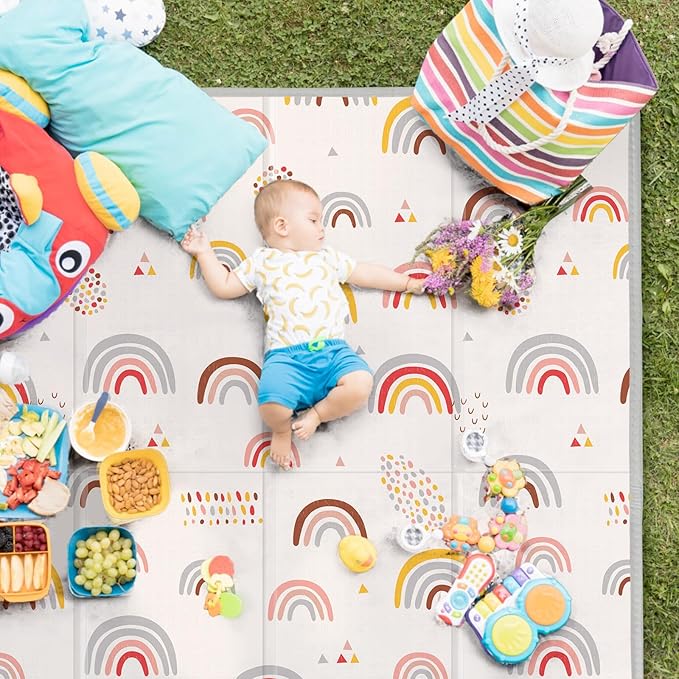 Piglog Extra Large Play Mat for Baby, 0.8 Inch Thick BPA Free, Reversible Foldable Baby Play Mat, 79" x71" Waterproof Foam Floor Baby Crawling Mat, Portable Playmat for Infants, Toddler, Kids, Rainbow