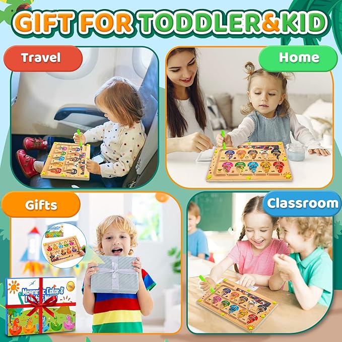 Busy Board Travel Toys for Toddlers Kids Wooden Montessori Toys Magnetic Color and Number Maze Puzzle, Dinosaur Learning Education Toys for Fine Motor Skills, Easter Basket Stuffers (Small)
