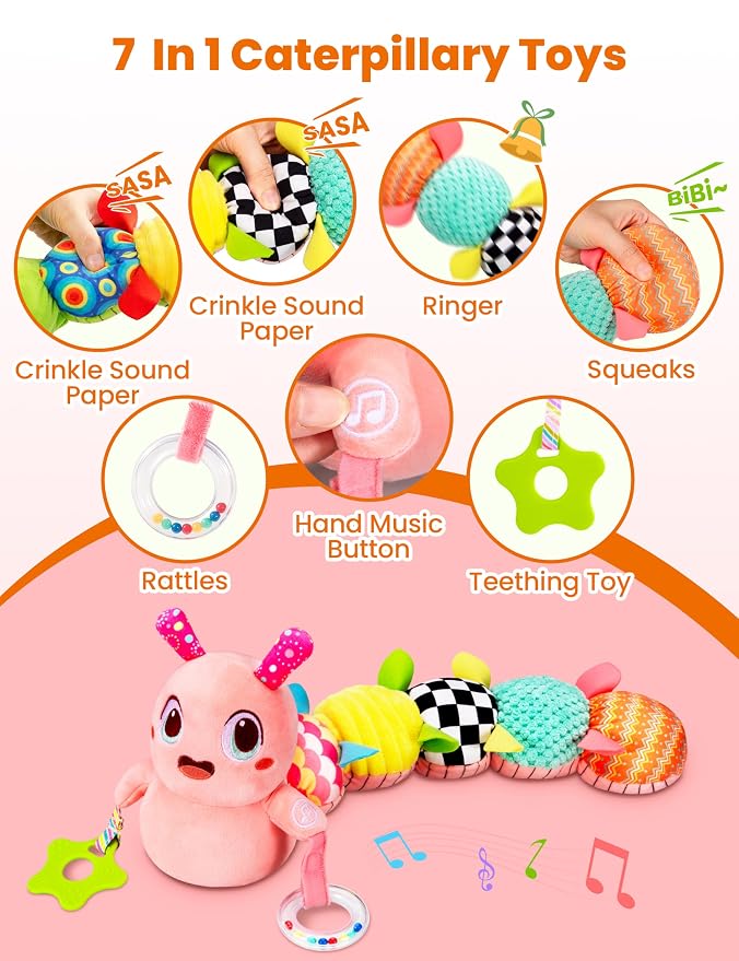 Musical Caterpillar Baby Sensory Toy for Infant Development 0-12 Months – Newborn Bath, Car Seat, Stroller & Bassinet Activity Toy & Gift – Tummy Time Crawler & Teether(Pink)