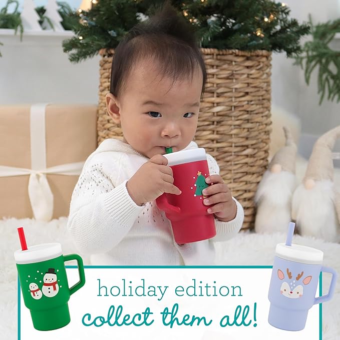 Infantino My 1st Tumbler, 9 Oz. Silicone Sippy Cup with Straw & Handle, Spill-Resistant Baby Cup for On-the-Go, BPA-Free Transition Bottle, Red Christmas Tree