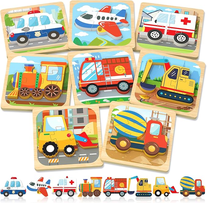 Benresive Wooden Toddler Puzzles for Boys Girls Age 1 2 3, 8 Pack Montessori Vehicle Toys, Educational Preschool Learning Toys, Great Birthday Gifts for Toddlers