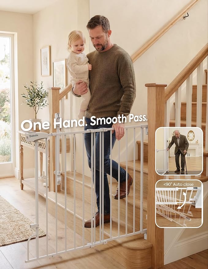Babelio Removable & No Bottom Bar Baby Gate, 29-43", 36" H Hardware Mounted (Drill Needed)| Wide Walk-Thru| Auto-Close Safety Dog/Pet Gate for Stairs & Doorways (White, 29-43" W, 36" H)