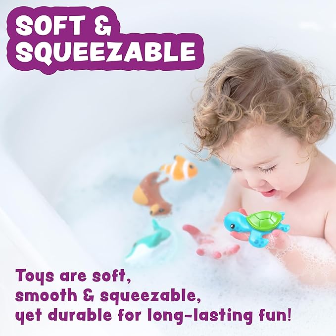 Tub Works® Marine??Mold Free Bath Toys, 6 Pack | Sealed, No Hole Bath Toys Design Keeps Moisture Out | Soft, Squeezable & Float on Water | Easy-Grip Baby & Toddler Bath Toy Set | Great Baby Pool Toys