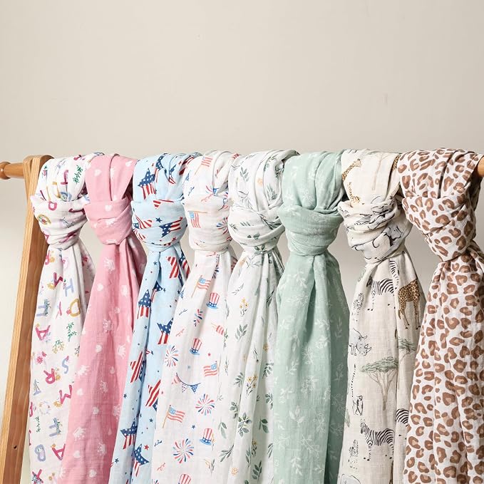 david's kids 4 Pack Baby Muslin Swaddle Blankets, 100% Cotton and Ultra Soft Breathable Receiving Blanket Wrap for Boys Girls, New Born Essentials, Large 47 x 47 inches, Leaf & Floral