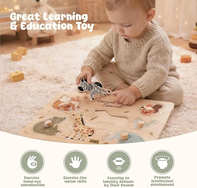 Freniland Wooden Animal Sound Puzzle for Toddlers 1-3, Montessori Farm Toy with Real Sounds, Early Learning Toy, for Boys Girls 18 Months+