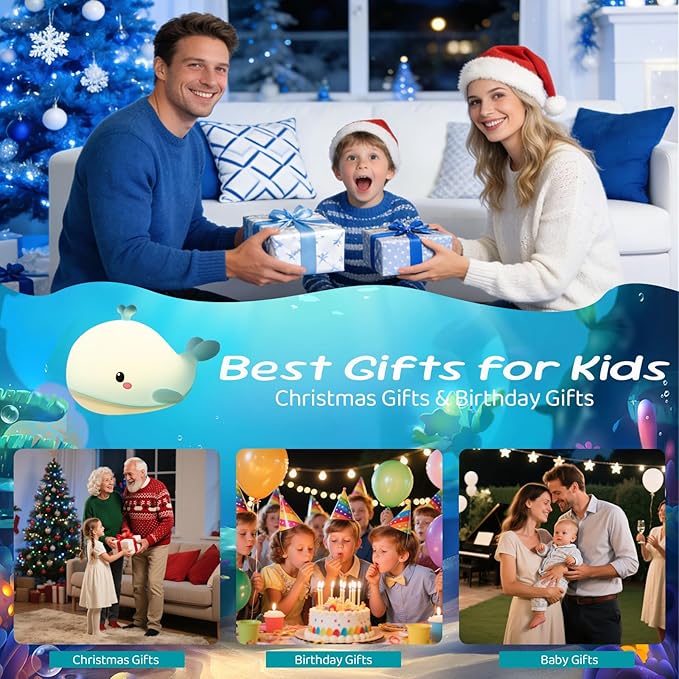 AVEKI Baby Whale Night Light, Soft Silicone Ocean Animal Light for Nursery, 3 Levels Brightness Portable Touch Bedside Lamp, Rechargeable Kid Nightlight Whale Gifts for Ocean Buddies