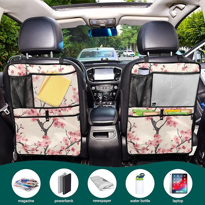 JIPONI Car Backseat Organizer, Japan Cherry Blossoms Automotive Back Seat Protector, Kick Mats with Storage Pockets for Kids Pets, Road Trip Accessories (2 Pack)