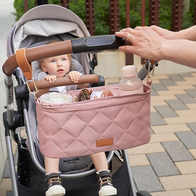 Beautiful Stroller Caddy Organizer With 2 Cup Holders ??Luxury Stroller Bag, Universal Fit, Leather Straps & Zipper Pocket ??Spacious Accessories Perfectly Fits Doona, Nuna & Uppababy Strollers