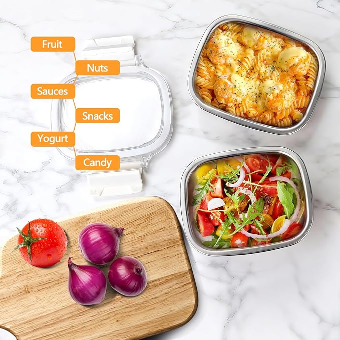 5 Pack Food-Grade 304 Stainless Steel Reusable Snack Containers with Lids - 8.45 oz Small Metal Meal Prep Boxes, Shatterproof Leakproof Freezer Safe for Portioning Snacks & Dips