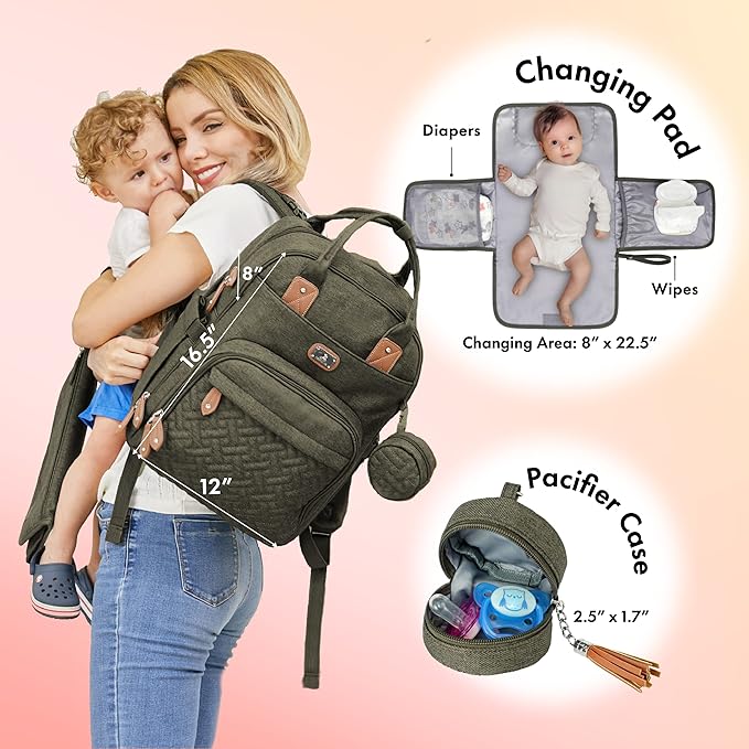 Dikaslon Diaper Bag Backpack with Portable Changing Pad, Pacifier Case and Stroller Straps, Large Unisex Baby Bags for Boys Girls, Multipurpose Travel Back Pack for Moms Dads, Army Green