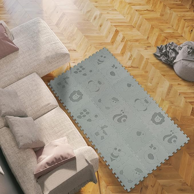 qqpp EVA 18 Tiles Baby Play Mat for Playing, Interlocking Foam Floor Mats for Tummy Time & Crawling, Puzzle Flooring Tiles with Animals Laser Pattern for Kids. Gray. QL-11(L) b18N