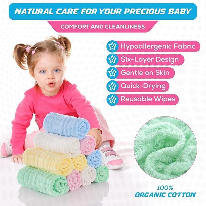 10 Pack Soft Muslin Unisex Baby Washcloths for Daily Use, 100% Cotton Set for Delicate Skin. Soft and Super Absorbent, Newborn Baby Essentials and Baby Registry,12x12 Inches (Blue)