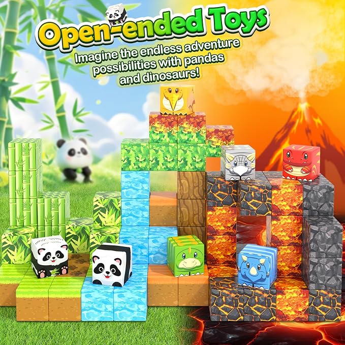 Magnetic Blocks-Build Mine Magnet World Dinosaur Panda Toys Kids Games, Toddler STEM Educational Sensory Dino Toys for Kids 3-5 5-7, Birthday Gifts for 3 4 5 6 7 8 Year Old Boys and Girls