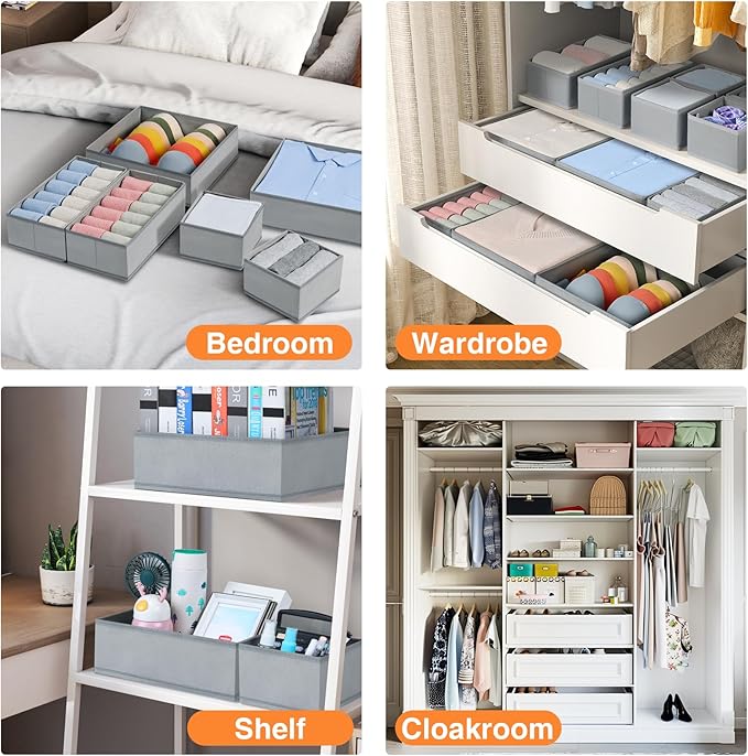 DIMJ Drawer Organizer 15 Pack - Foldable Baby Clothes Storage & Dresser Organizer for Nursery, Bedroom, Closet - Nursery Organization Dresser Dividers for underwear, Sock,Bra, Belt, Tie, Gray