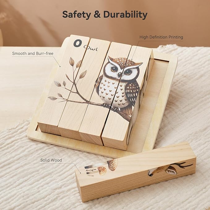 Promise Babe Wooden Forest Animal Puzzles Toy for Toddlers 1-3, 4-in-1 Montessori Toys Learning Educational Chunky Puzzle for 2-4 Years Old, Baby Boys Girls Gifts