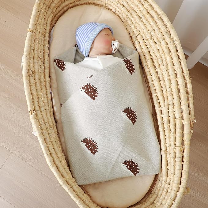 Opewod Baby Blanket 100% Cotton Baby Swaddle Blanket Knit Soft Cozy Lightweight Unisex Receiving Stroller Quilt Blanket with Cute Hedgehog 30x40 Inch Light Grey