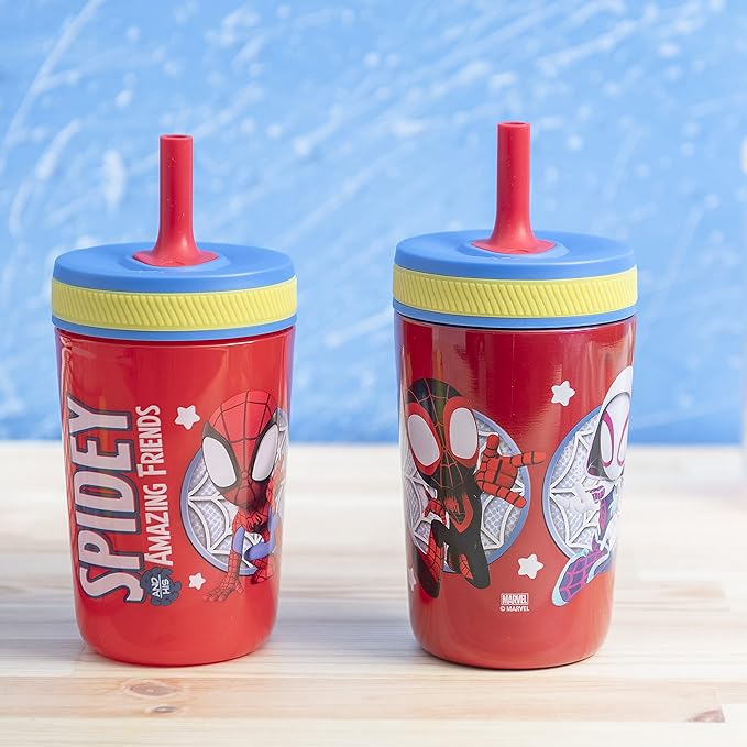 Zak Designs Spidey & His Amazing Friends Kelso Tumbler Set, Leak-Proof Screw-On Lid with Straw, Bundle for Kids Includes Plastic & Stainless Steel Cups with Bonus Sipper, 3pc, Non-BPA (Pack of 12)