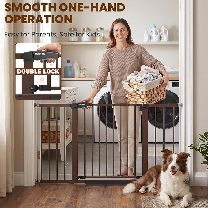 Mumeasy 29.7–51 Inch Extra Wide Baby Gate for Stairs, Extra Long Indoor Dog Gate for Doorways, Pressure Mounted Walk Thru Child Gate with Auto-Close, No-Drill Safety Pet Gate with Door for House,Brown