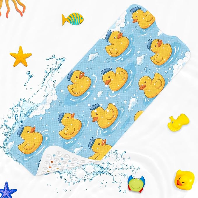 Yellow Rubber Duck Bathtub Shower Mat Blue Cute Non-Slip Tub Extra Long Bath Floor 40X16 Inch Machine Washable for Bathroom Tub Bath Mat for Toddler and Baby