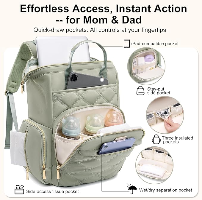 Weitars Diaper Bag Backpack Travel Diaper Backpack, Large Baby Diaper Bag with Changing Pad Baby Bag for Boys Girls (Green)