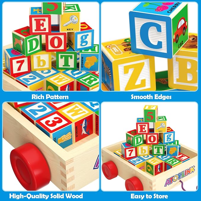 Atoylink ABC Wooden Building Blocks for Toddlers 1-3, 30 Pcs Alphabet & Number Stacking Toys with Storage Pull Toy Car Learning & Education Montessori Toys for 1 2 3 Year Old Baby Boy Girl Gifts