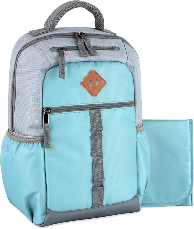 Baby Essentials Two Tone Diaper Bag Backpack with Portable Changing Pad, Stroller Straps, Insulated Bottle Pocket, 2 Pc Set (Teal)