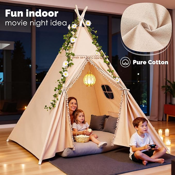 Sumbababy Large Teepee Tent for Adults & Kids, Cotton Canvas Foldable Indoor Tent for Toddlers, Sleepover Gift Toy for Girls & Boys, Washable Slumber Party Tent for Party Decor, Khaki