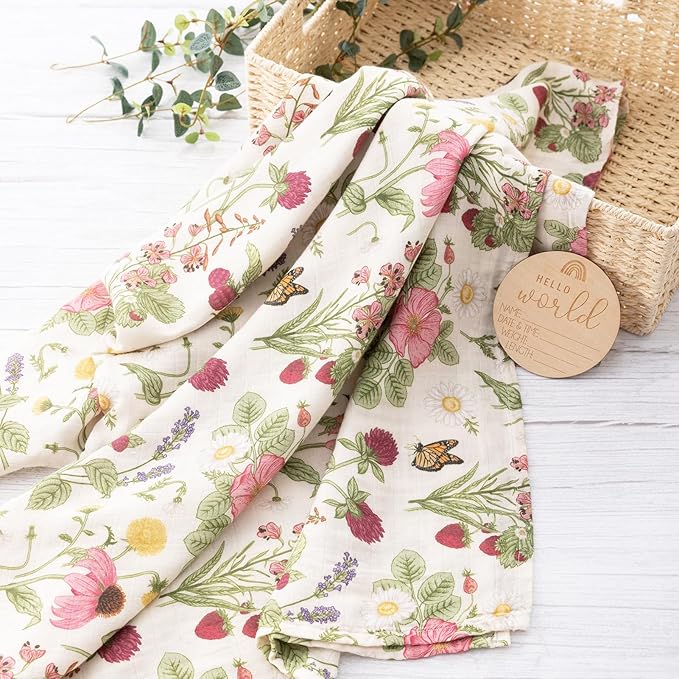 BabyWhale Swaddle Blankets for Baby Girl, 2-Pack Super Soft Viscose Bamboo Cotton Muslin Swaddles Blankets (Large 47" x 47"), Floral & Little Daisy Pattern, Newborn Baby Registry