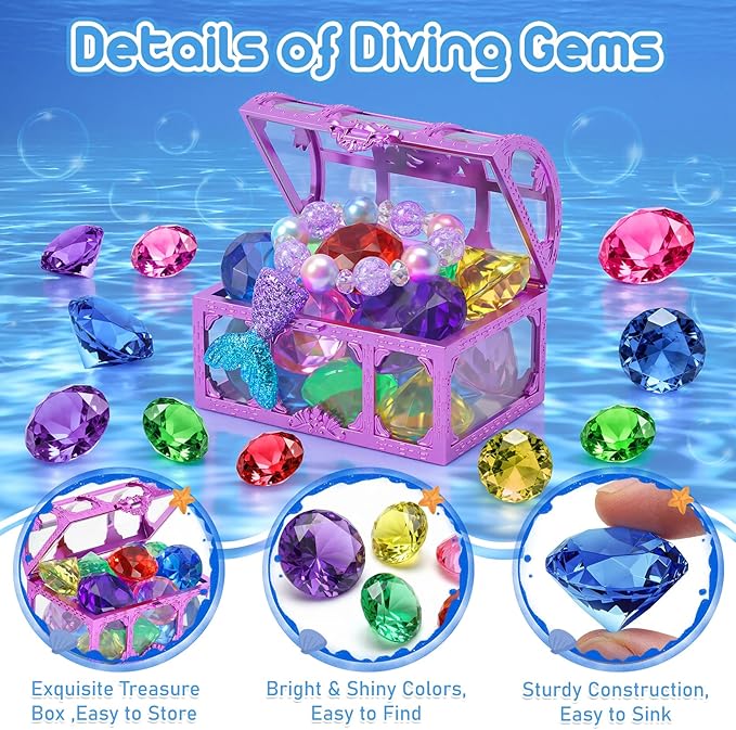 VGOFUN Diving Gems Pool Toys,10 Pcs Colorful Diamond with Treasure Chest Pirate Box Kids Swim Toys Acrylic Underwater Gemstone for Boys Girls Bath Toys Swimming Training Gift Water Pool Games