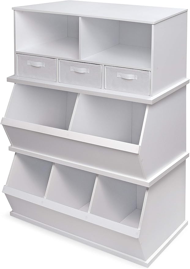Badger Basket Two Bin Stackable Toy Storage Cubby Organizer ??Modular Storage for Toys, Books, and Crafts ??Solid Wood Panel - White
