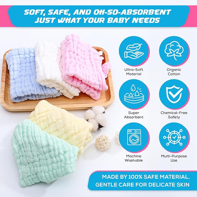 10 Pack Soft Muslin Unisex Baby Washcloths for Daily Use, 100% Cotton Set for Delicate Skin. Soft and Super Absorbent, Newborn Baby Essentials and Baby Registry,12x12 Inches (Blue)