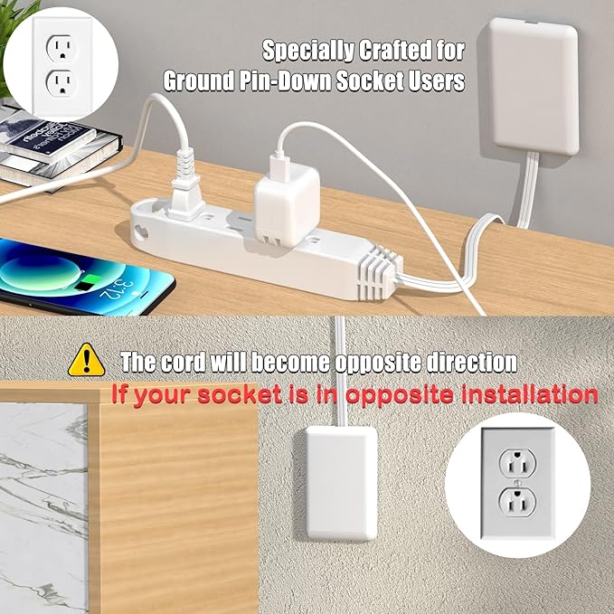 CABOCASA 3FT Ultra Flat Plug Extension Cord Power Strip with 3 Outlets, Patented Detachable Ultra-Thin Outlet Cover Concealer & Ultra-Flat Plug, Max. 13A 125V 1625W ETL Listed, White Color