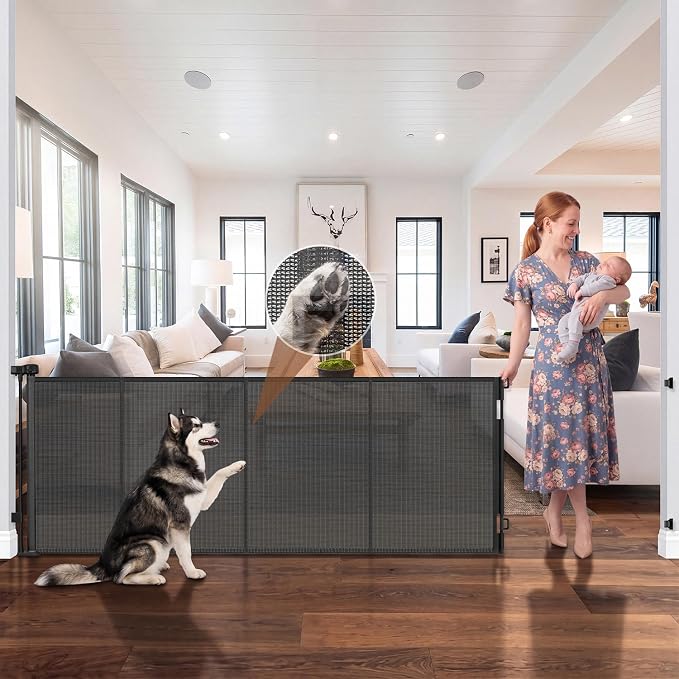 GRENFU Reinforced 100 Inch Wide Retractable Baby Gates 33" Tall, Long Dog Gate Retractable Gate with Support Rods to Prevent Crawling Through, Extra Wide Retractable Dog Gate for Indoor/Outdoor, Black