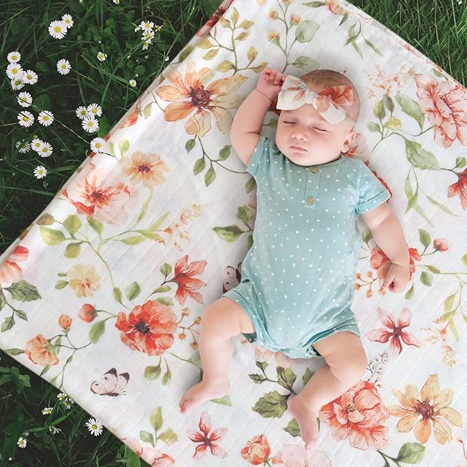 LifeTree Baby Muslin Swaddle Blankets for Boys & Girls, Newborn Swaddle Set with Matching Headband Bow, Infant Blanket Wrap, 47 x 47 inches, Butterfly Floral, 70% Viscose from Bamboo and 30% Cotton