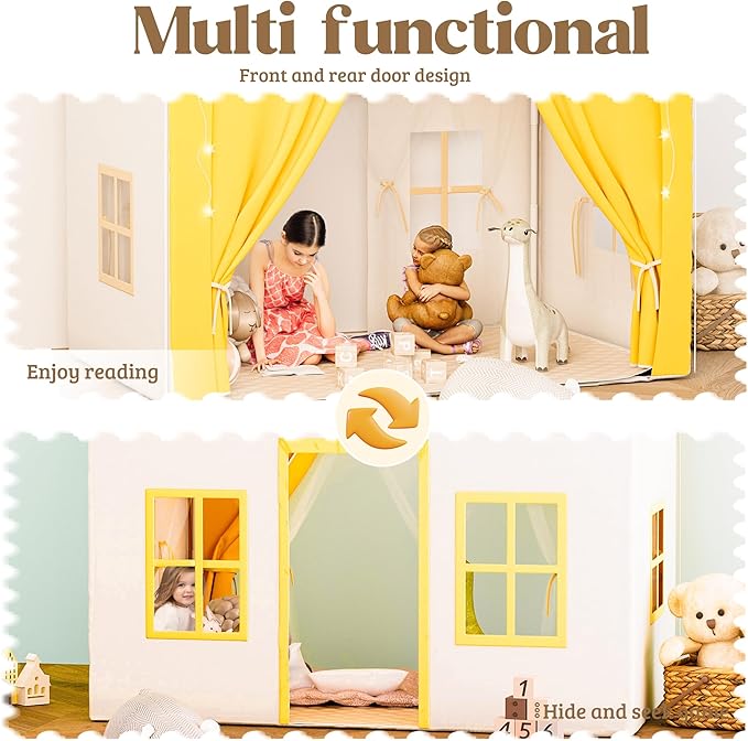 Kids Tent,Indoor & Outdoor Kid Playhouse 2 in 1 with Lights and Mat,54" x36.5" x 51" Large Play Tents with 2 Doors & 5 Windows,Yellow
