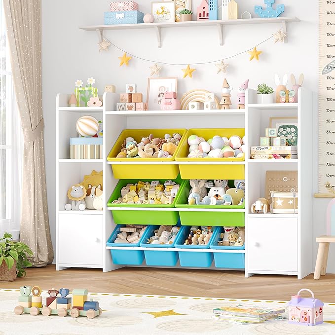 FOTOSOK Toy Storage Organizer with 8 Toy Bins, Toy Organizer Kids Bookshelf with 6 Storage Cubbies, Stuffed Animal Storage Organizer, Playroom Storage and Toy Chest, White/Green