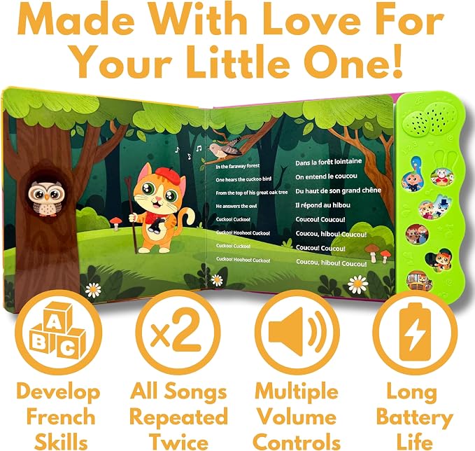 Vol. 3 — Interactive Sound Board Book for Toddlers 1-3, Bilingual English & French Songs & Music, Talking Musical Learning Toy and Gift for Babies & Kids