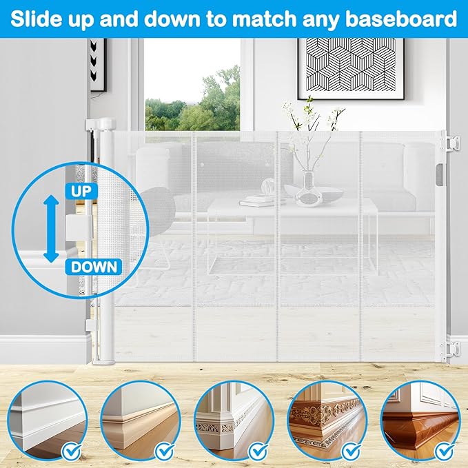42 Inch Extra Tall Retractable Baby Gates with Reinforced Strips 55 Inch Wide Outdoor Retractable Dog Gate No Sag Extra Tall Baby Gate for Doorway Anti-Scratch Mesh Gates for Kids or Pets, White