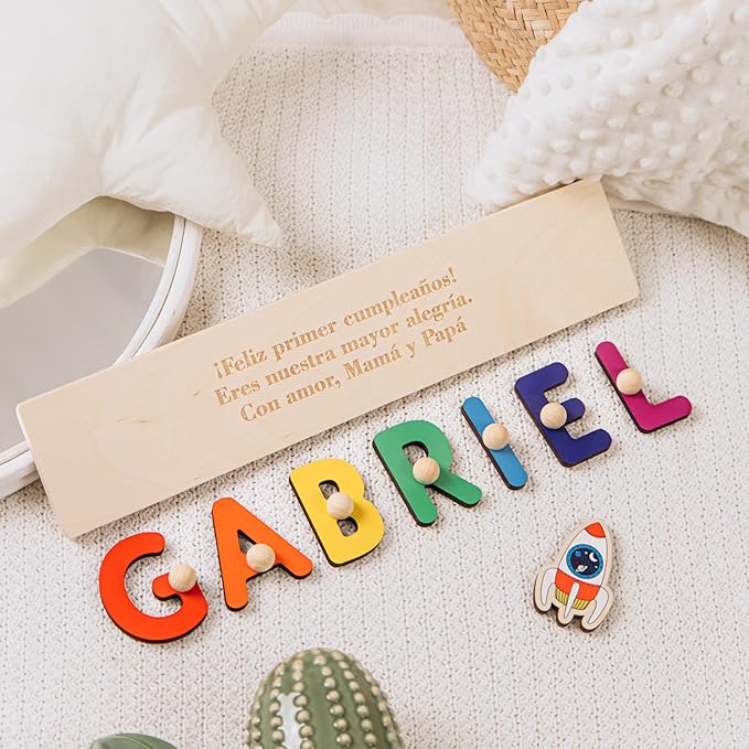 Personalized Name Puzzle Montessori Toys Nursery Decor Customized Puzzle Educational Toy for a 1 Year Old Gifts Kids Name Sign for Nursery Easter Present for Baby (Rainbow)
