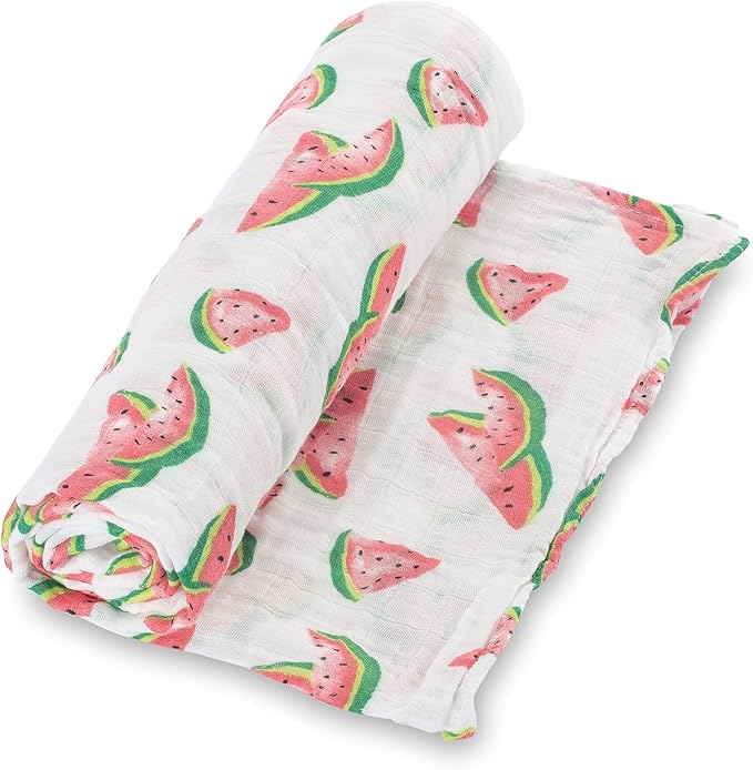 LollyBanks Muslin Swaddle Blankets, 100% Cotton Newborn Blanket for Boys and Girls, Large 47 x 47 Inches Lightweight and Breathable Baby Swaddle Blanket, Baby Essentials, Registry (Watermelon Print)