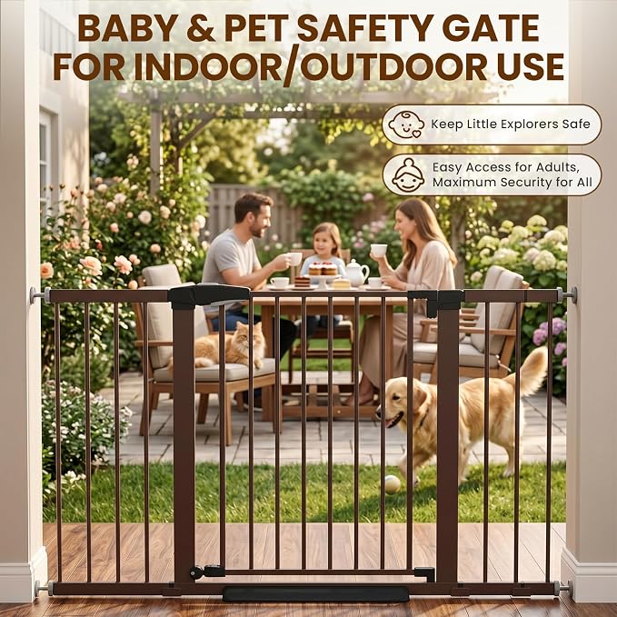 Mumeasy 29.7–51 Inch Extra Wide Baby Gate for Stairs, Extra Long Indoor Dog Gate for Doorways, Pressure Mounted Walk Thru Child Gate with Auto-Close, No-Drill Safety Pet Gate with Door for House,Brown