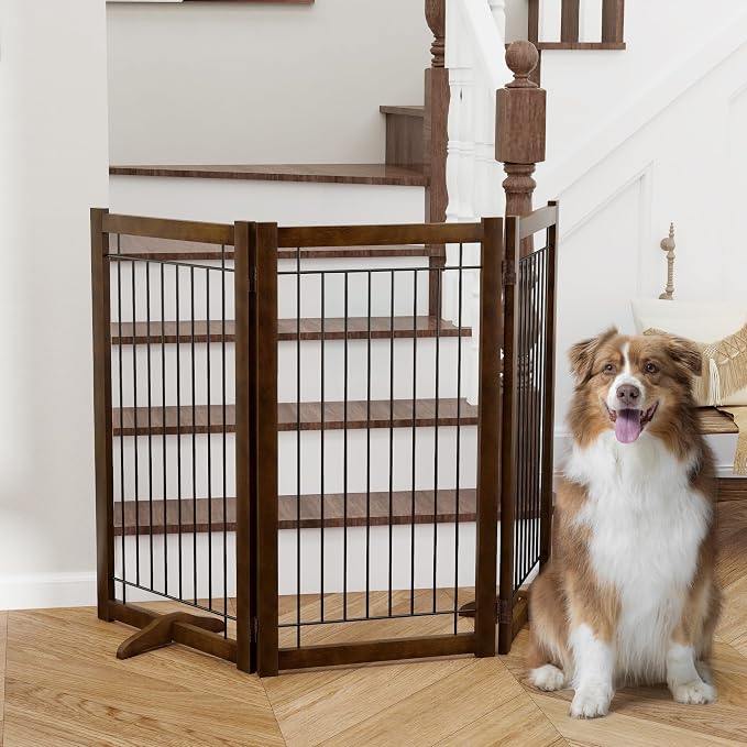 Acovy Wire Dog Gate Solid Wood Frame, Anti-Chewing, 3-Panel, 36" Height, 60" Width, Indoor Freestanding Pet Gate Foldable Wooden Dog Fences for Stairs, House, Doorway, Walnut Color