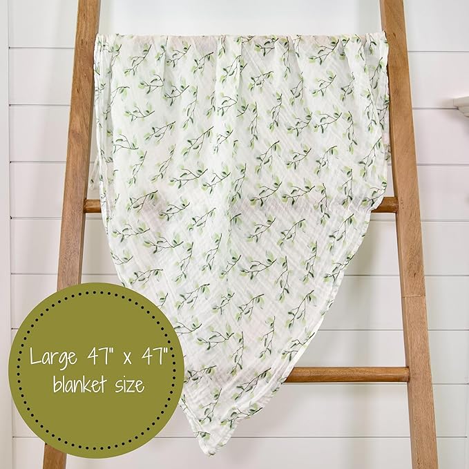 LollyBanks Muslin Swaddle Blankets for Girls, Large 47 x 47 Inches Soft Swaddles for Newborns, Breathable and Lightweight 100% Cotton Baby Blanket, Baby Essentials, Registry (Eucalyptus Print)