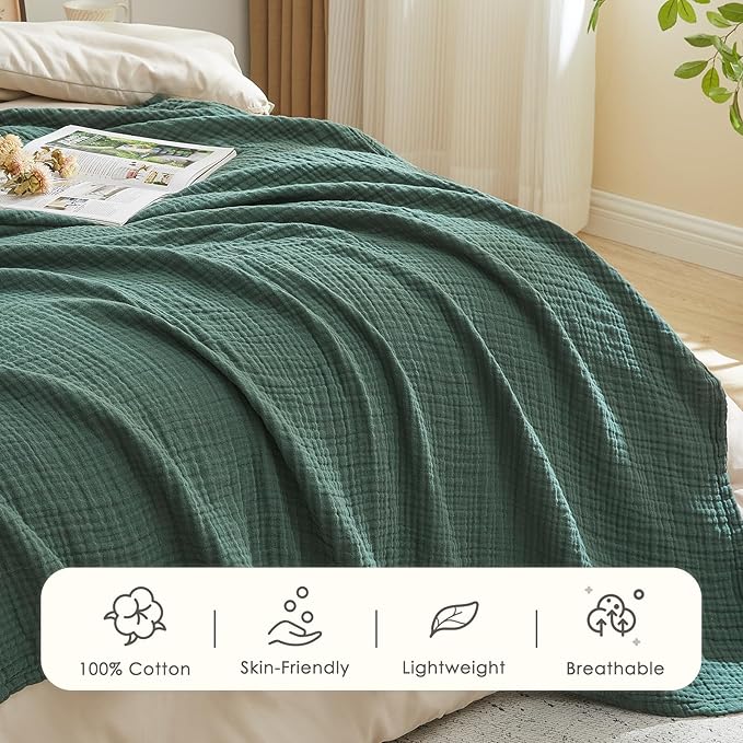 EMME Cotton Muslin Twin Blanket Forest Green 60"x80" Breathable Gauze Blanket Soft Lightweight Blankets