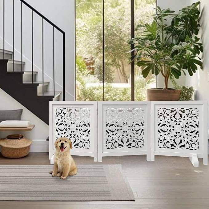 Free Standing Dog Gate for Doorway, Hallway, or Stairs – 60x24 Inch 3 Panel Folding Wooden Pet Gate, Decorative Lucy Design Dog Fence, White Antique Finish