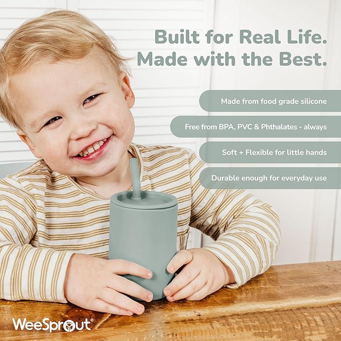 WeeSprout Silicone Baby Cups With Straws and Lids, 4 & 8 oz Options, Set of 2, Food Grade Toddler Training Container, Built In Straw Stoppers, Measurement Markings, Dishwasher Safe + Straw Cleaner